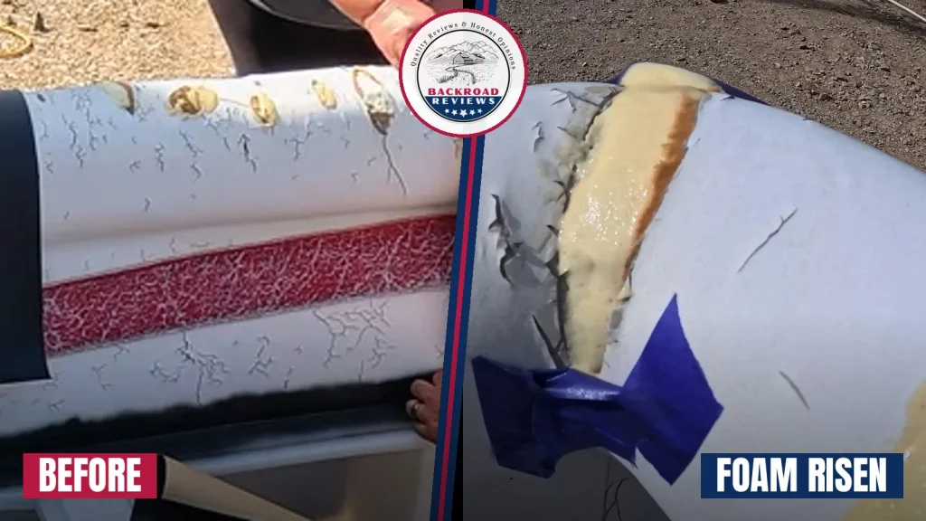 Man and woman peeling back a black pontoon seat cushion to show the cracked white base underneath.